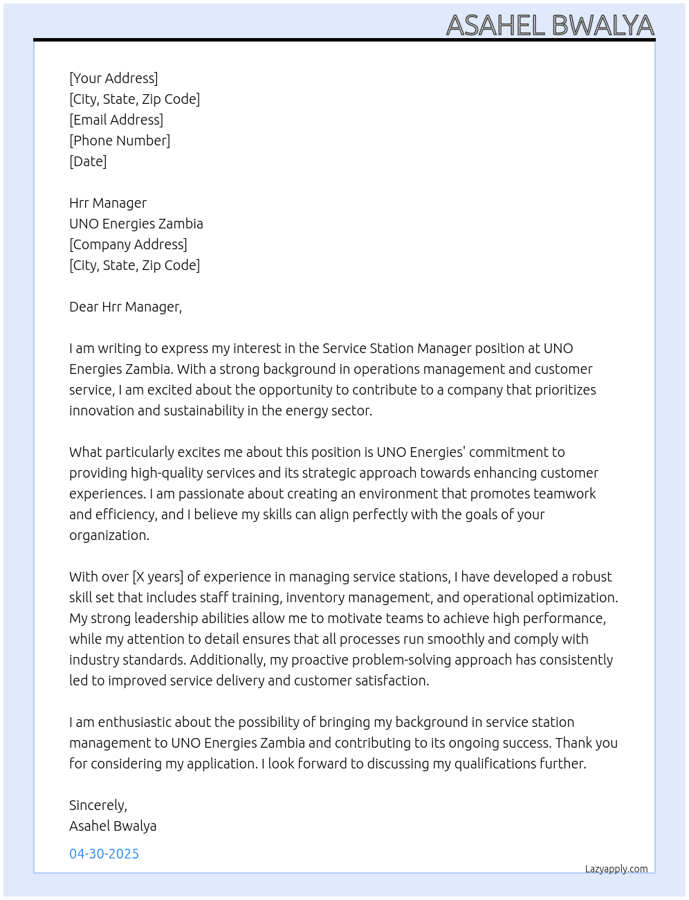 Service station manager At UNO Energies Zambia Cover Letter