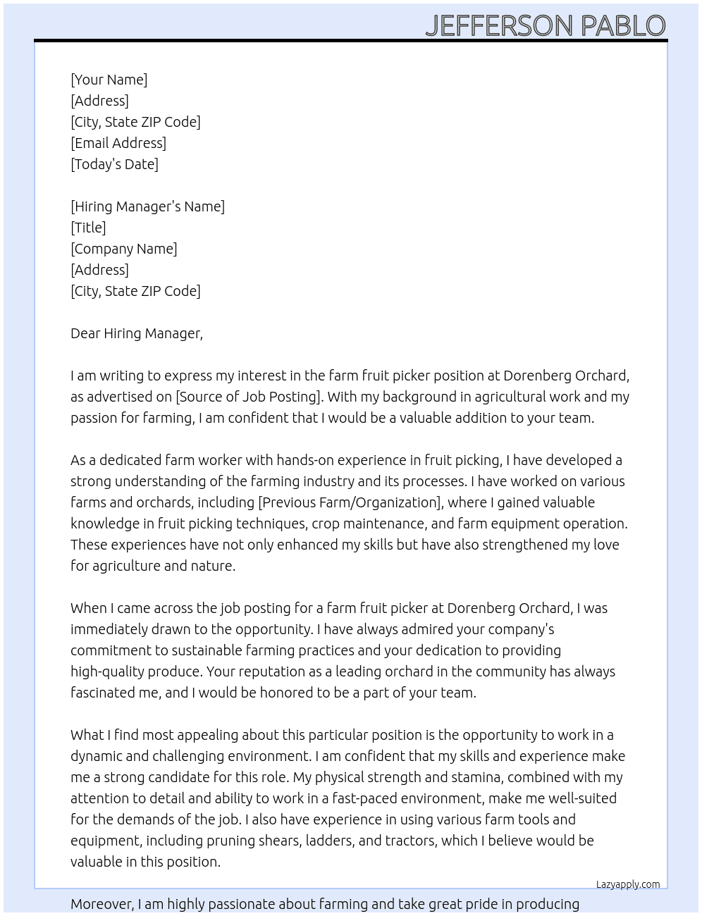 farm fruit picker At dorenberg orchard Cover Letter