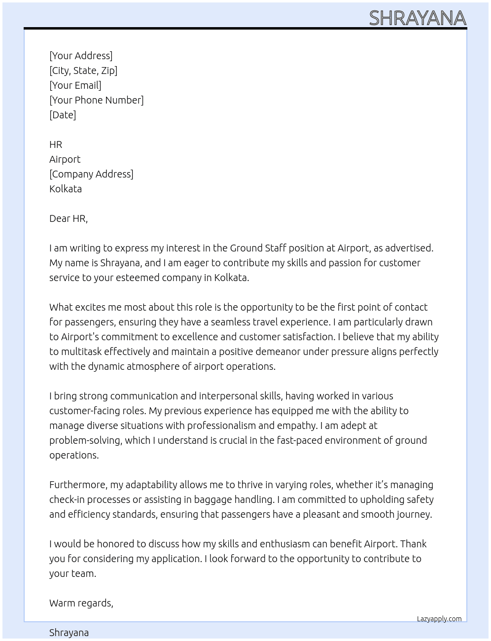 Airport ground staff At Airport  Cover Letter
