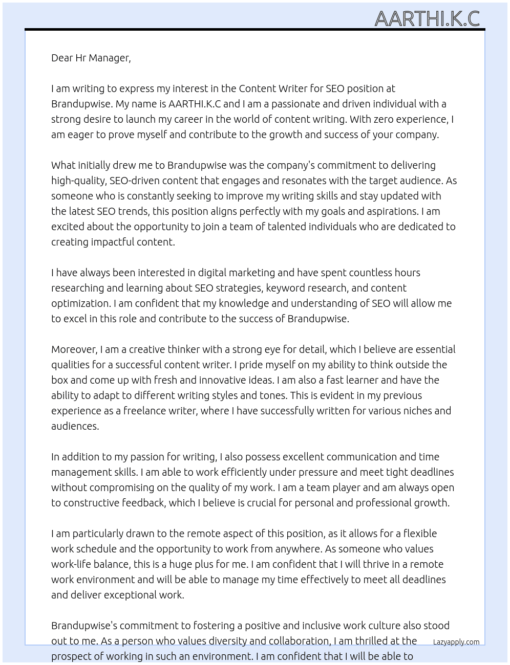 Content Writer for seo At Brandupwise  Cover Letter