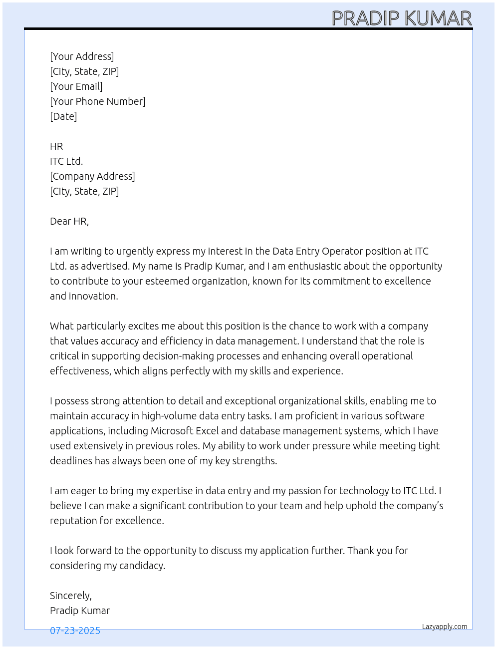 Data Entry Operator At ITC Ltd. com. Cover Letter