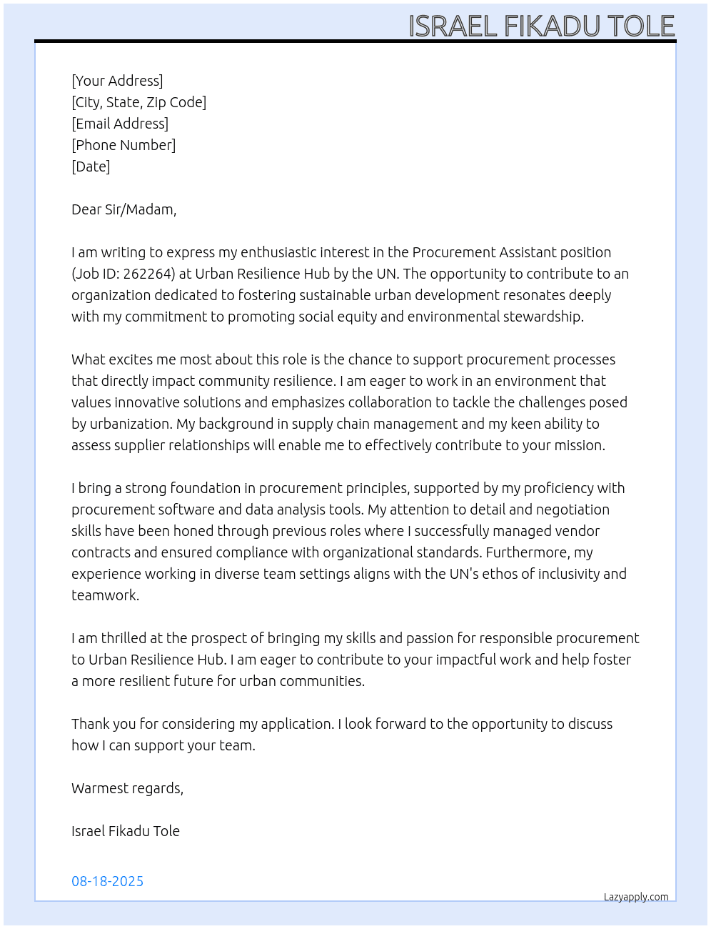 Procurement Assistant Job ID : 262264 At Urban Resilience Hub by UN Cover Letter