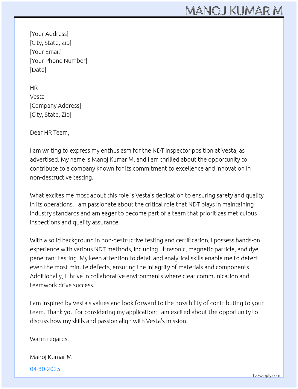 NDT INSPECTOR  At Vesta  Cover Letter