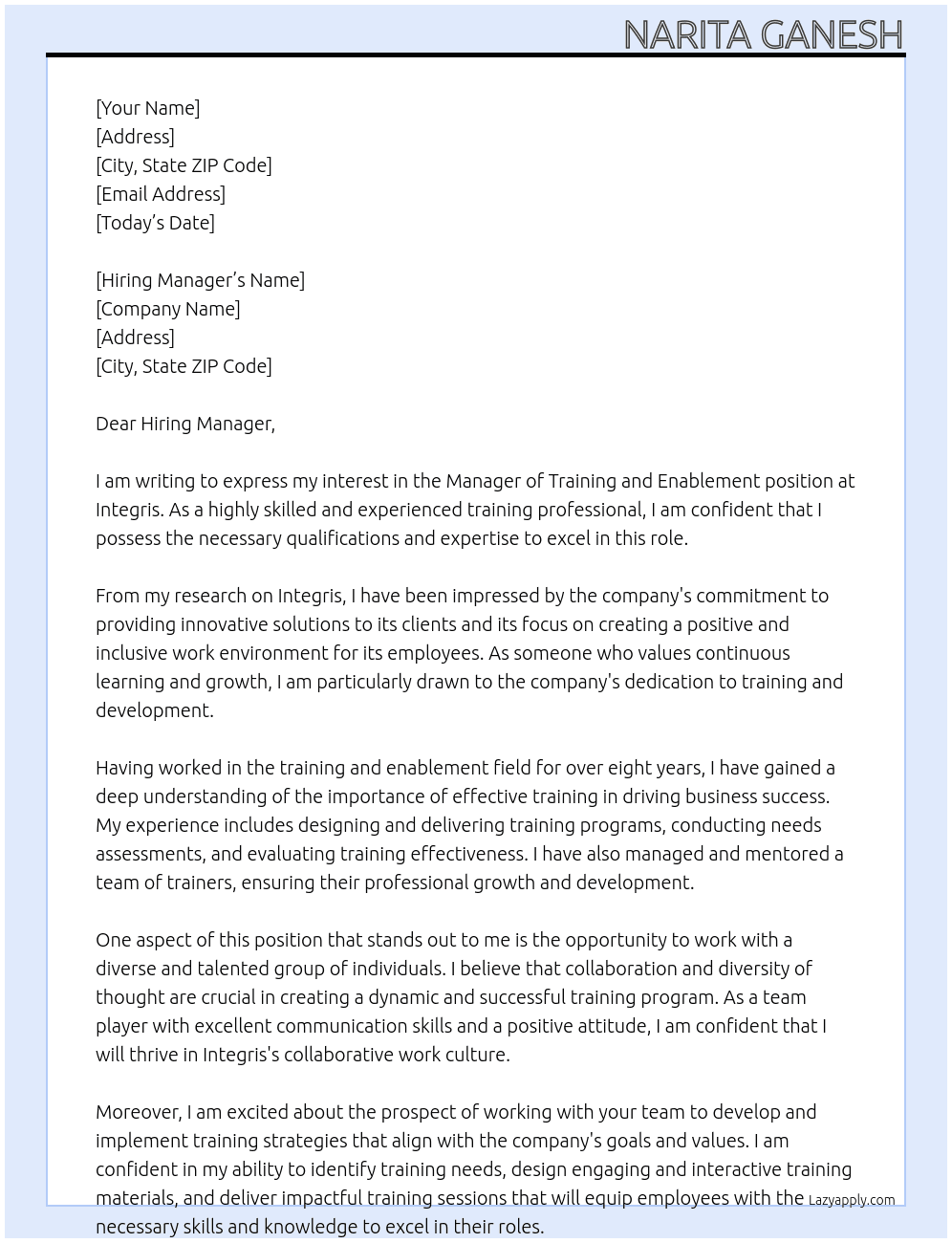 Manager of Training and Enablement At Integris Cover Letter