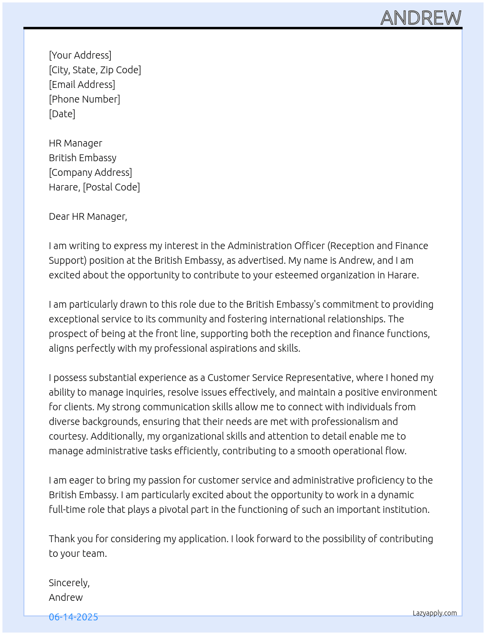 Administration Officer (Reception and Finance Support At British Embassy Cover Letter