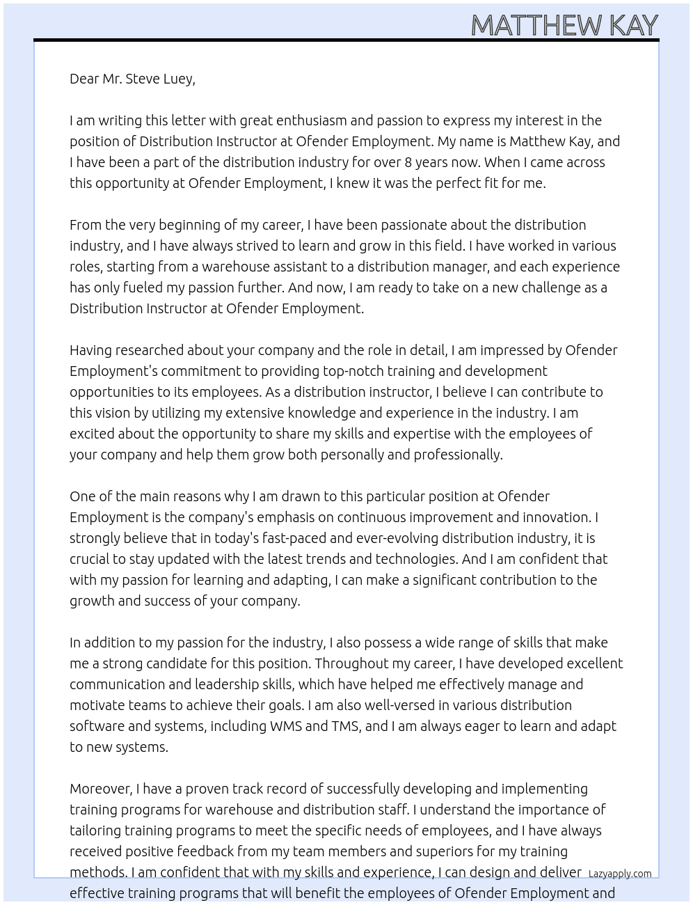 Distribution Instructor At ofender employment Cover Letter
