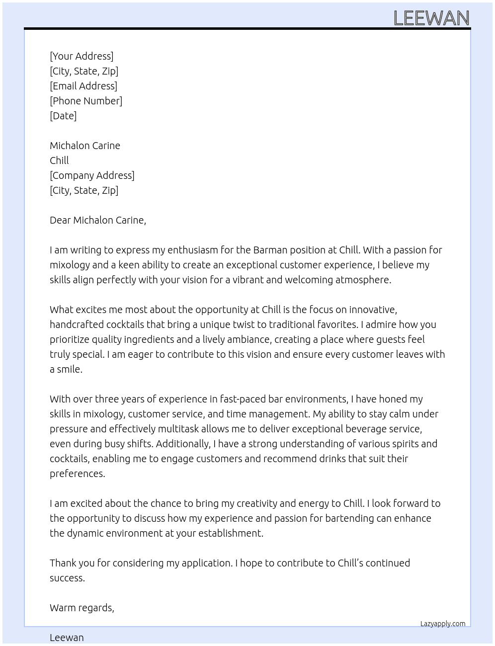 Barman At Chill Cover Letter