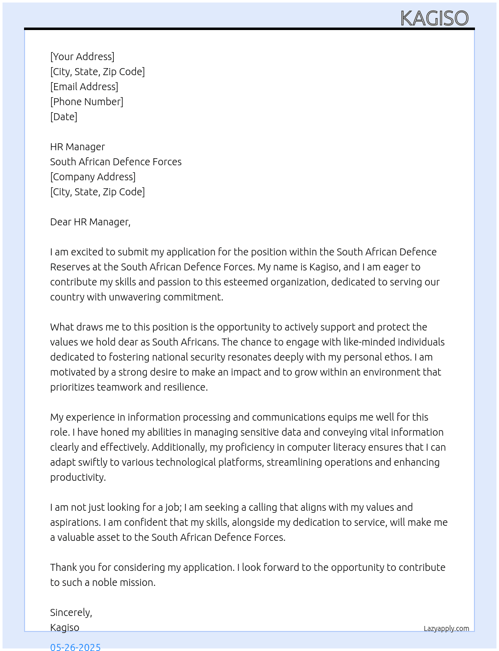 South African Defence Reserves  At South African Defence Forces Cover Letter
