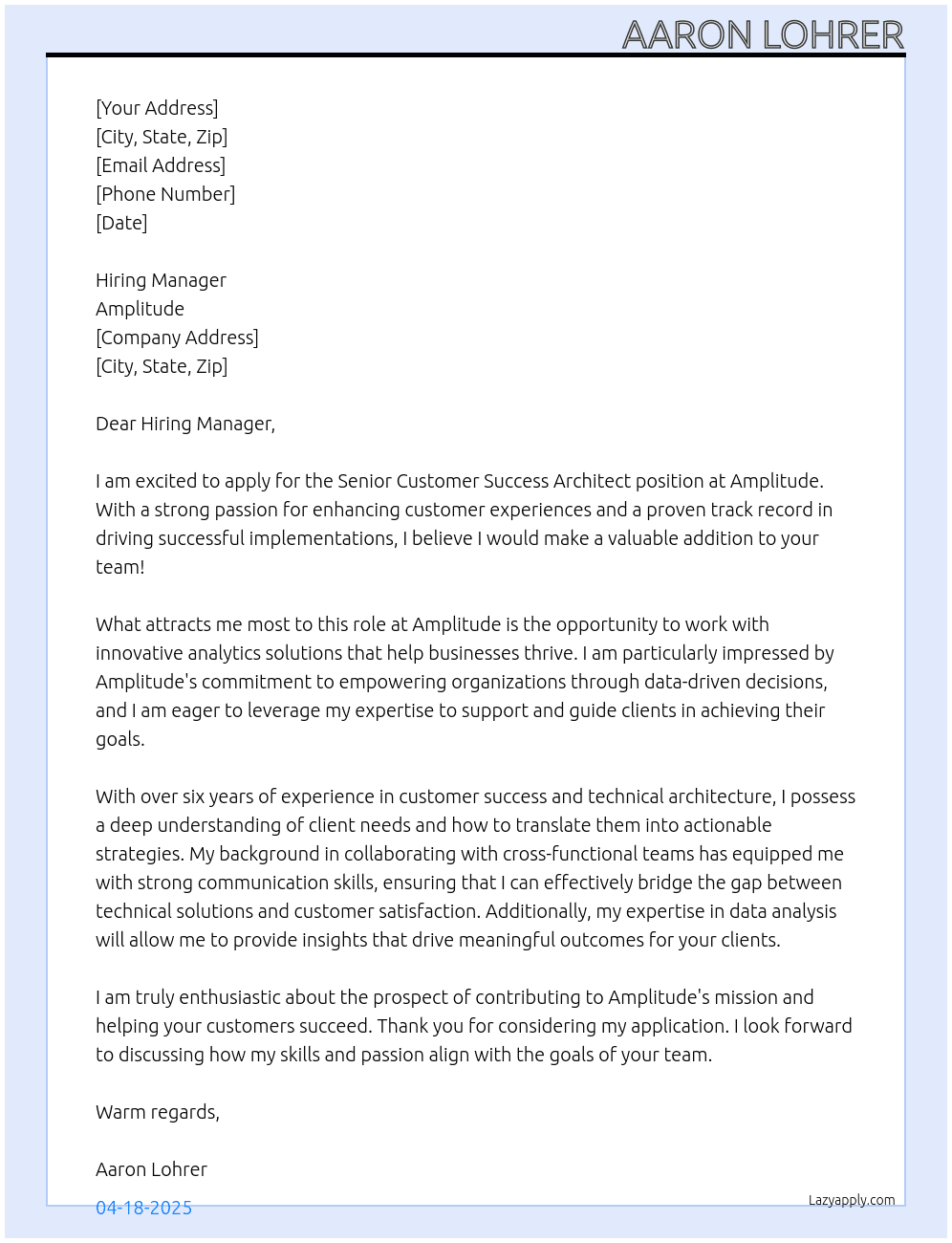 Senior Customer Success Architect At Amplitude Cover Letter