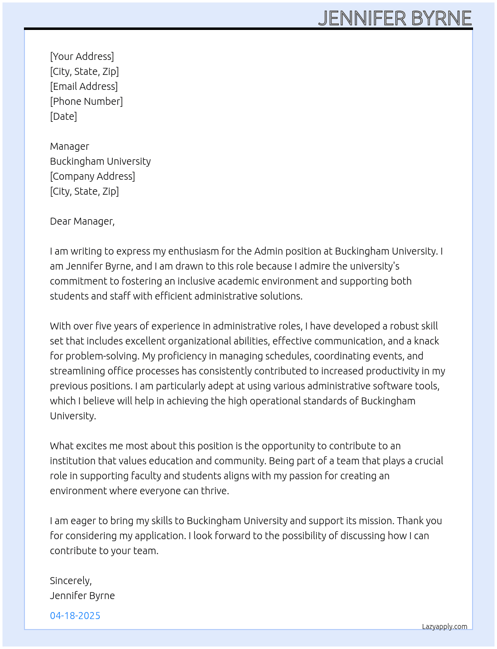 admin At buckinbgham university Cover Letter