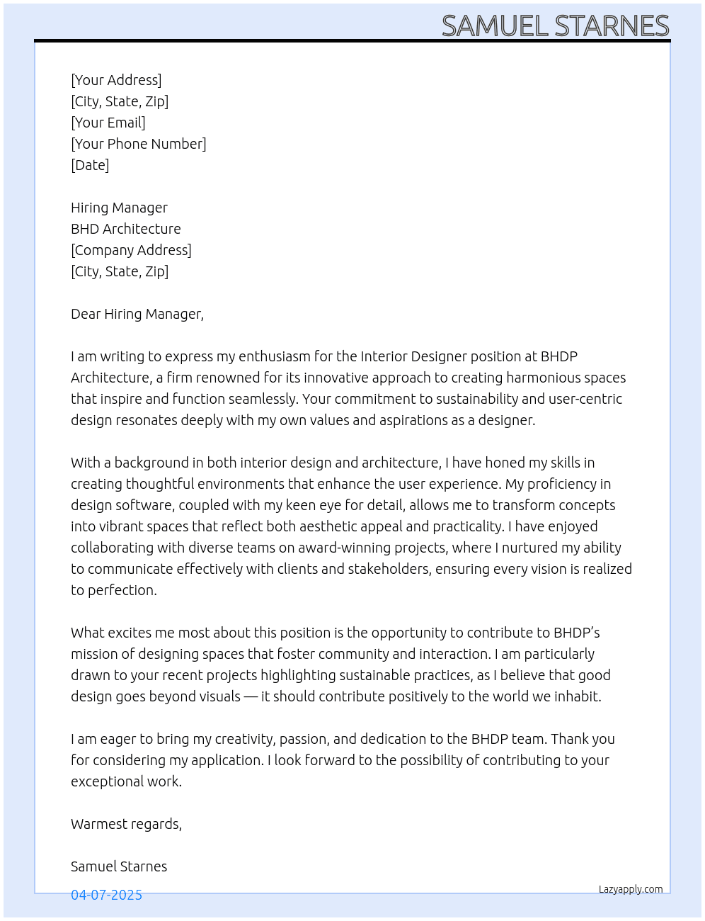 Interior Designer At BHDP Architecture Cover Letter