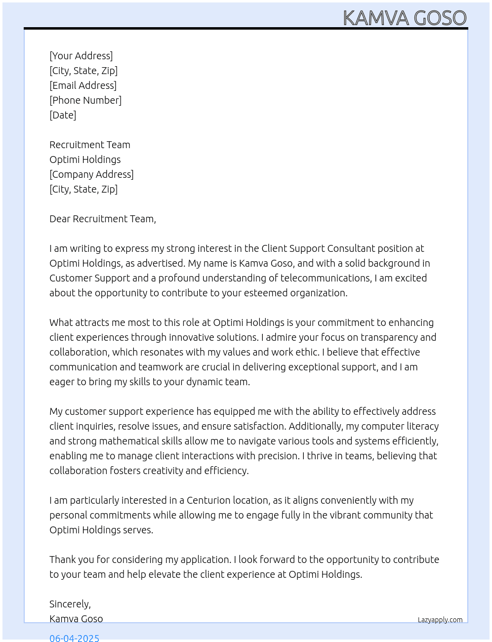 Client Support Consultant  At Optimi Holdings Cover Letter