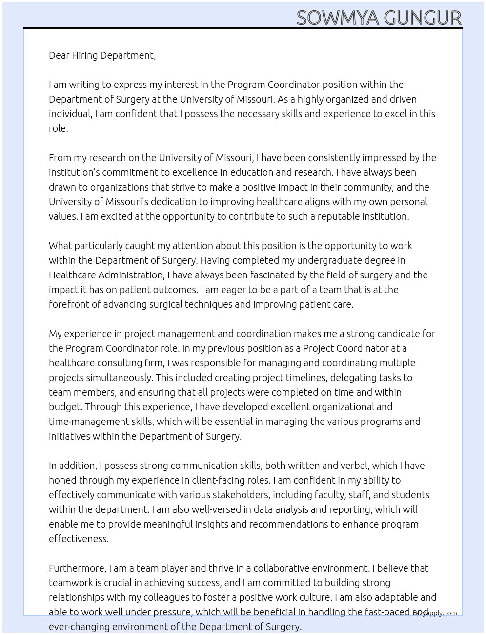 Program Coordinator At University of Missouri  Cover Letter