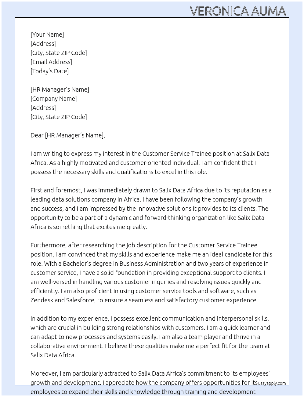 Customer service trainee At Salix Data Africa  Cover Letter
