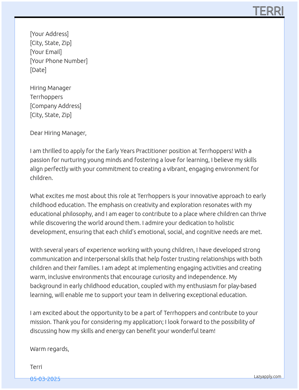Early Years Practitioner At Terrhoppers Cover Letter
