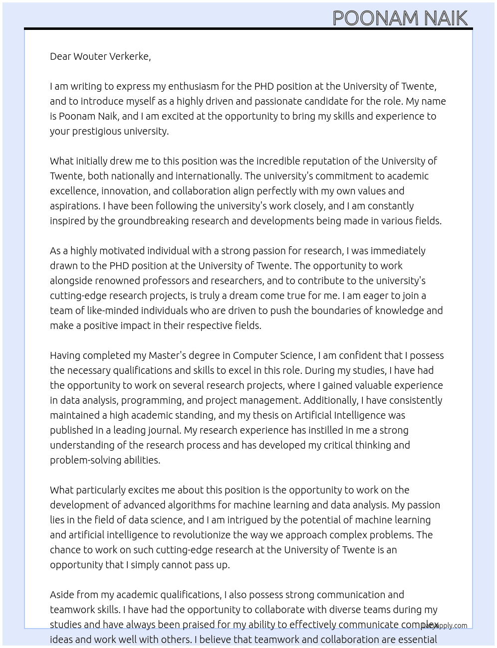 PHD POSITION At UNIVERSITY OF TWENTE Cover Letter