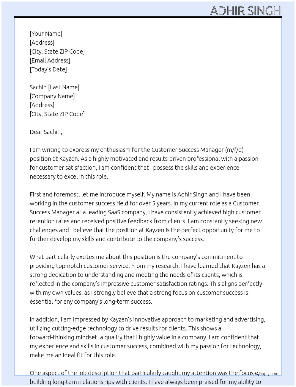 Customer Success Manager (m/f/d) At Kayzen Cover Letter