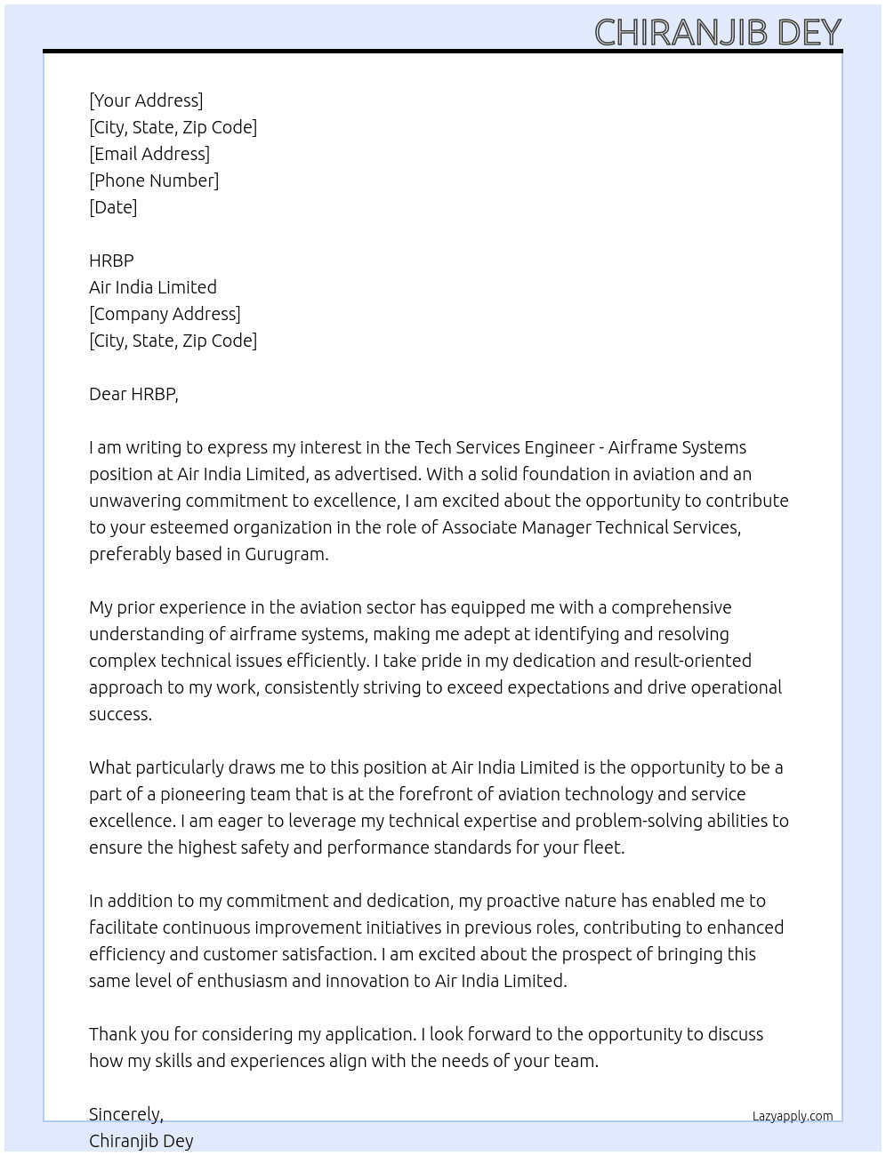 Airbus – Tech Services Engineer - Airframe Systems At Air India Limited Cover Letter