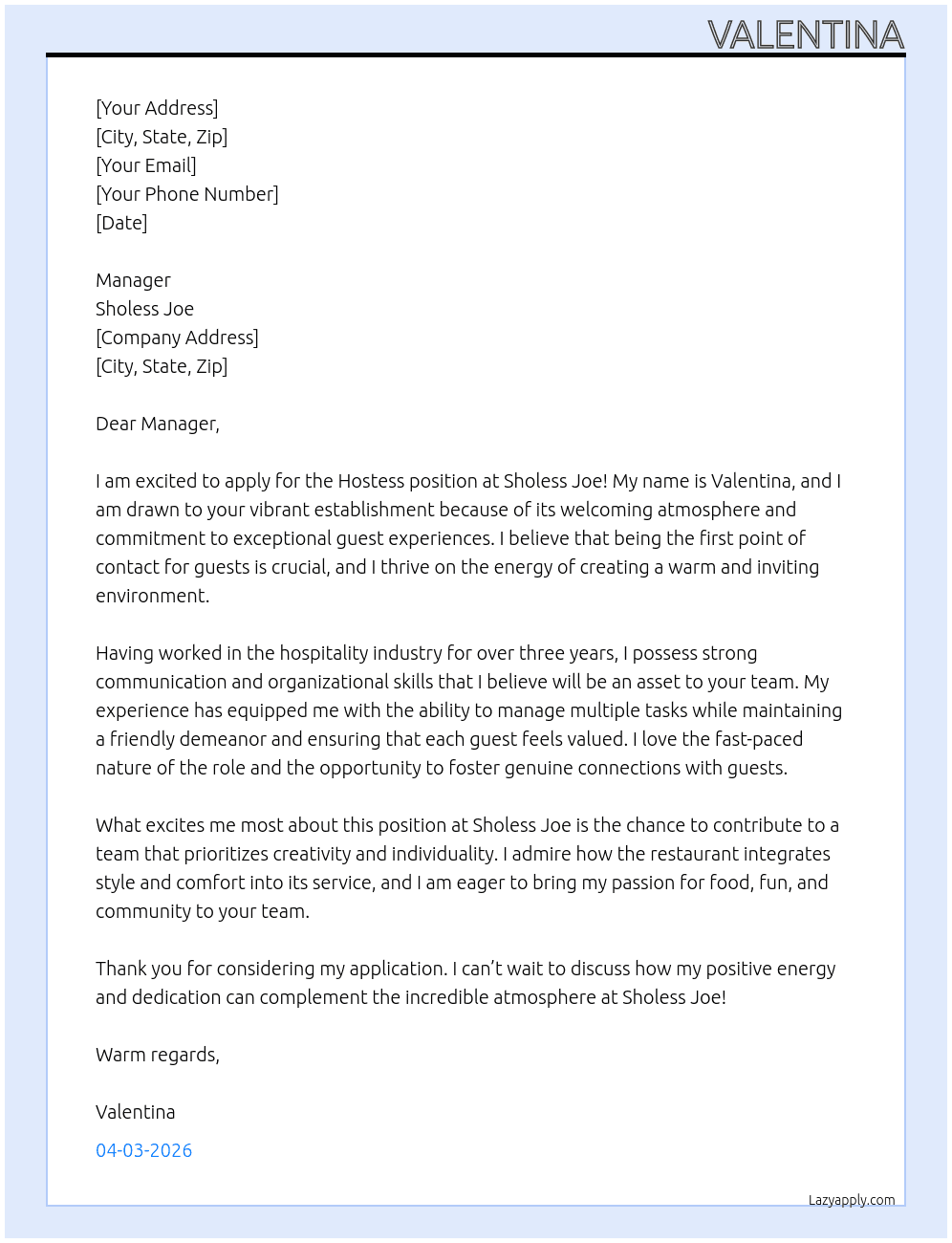 hostess At Sholess Joe Cover Letter