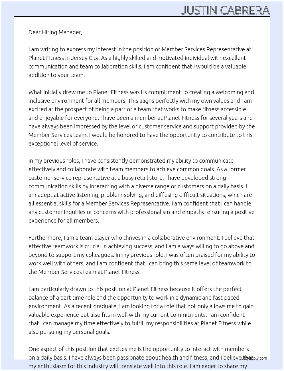 Member Services Representative At Planet Fitness Cover Letter