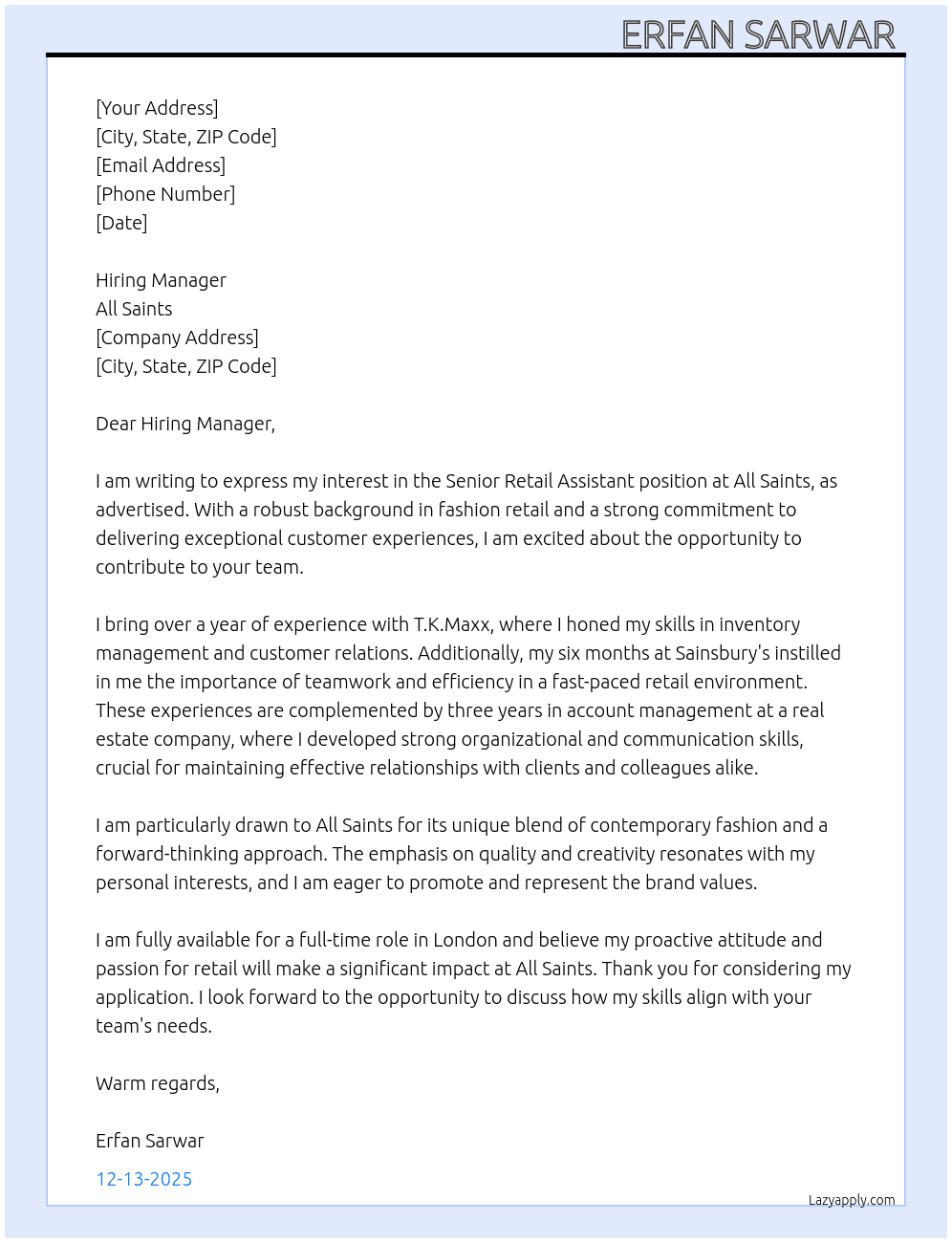 Senior Retail Assistant  At All Saints Cover Letter