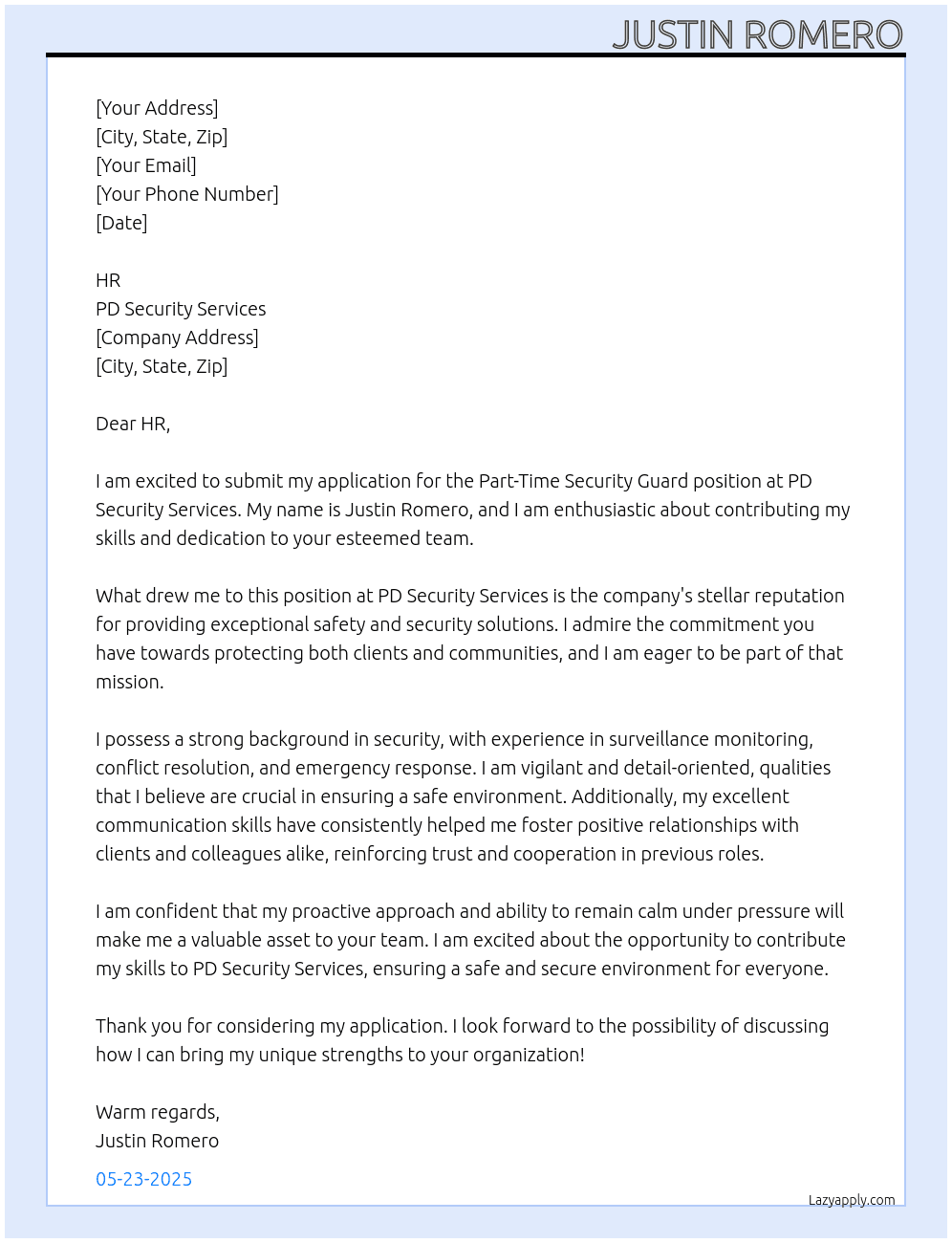 Security Guard At PD Security Services Cover Letter