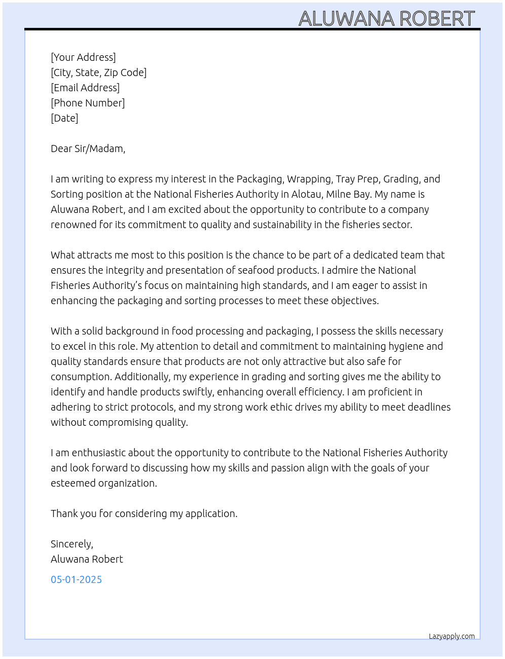 Cover letter for packaging, wrapping, tray trep, grading & sorting - LazyApply