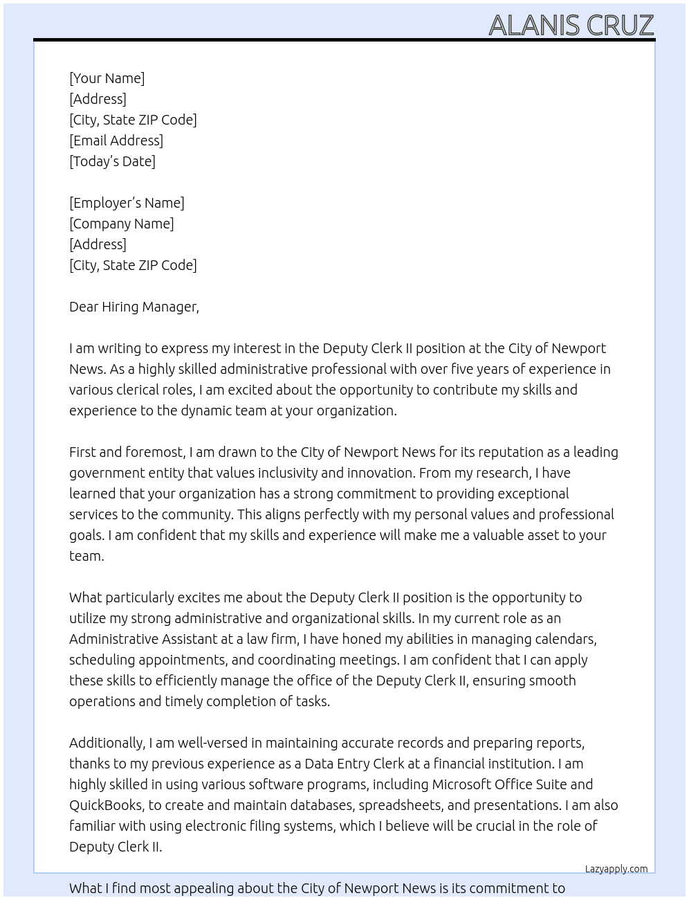 Cover letter for deputy clerk ii - LazyApply