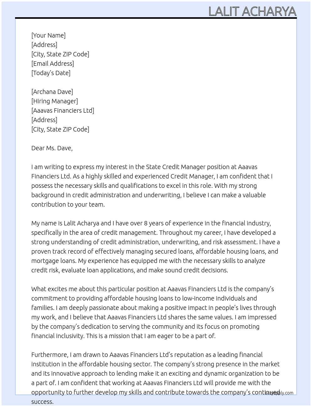 Cover letter for state credit manager - LazyApply