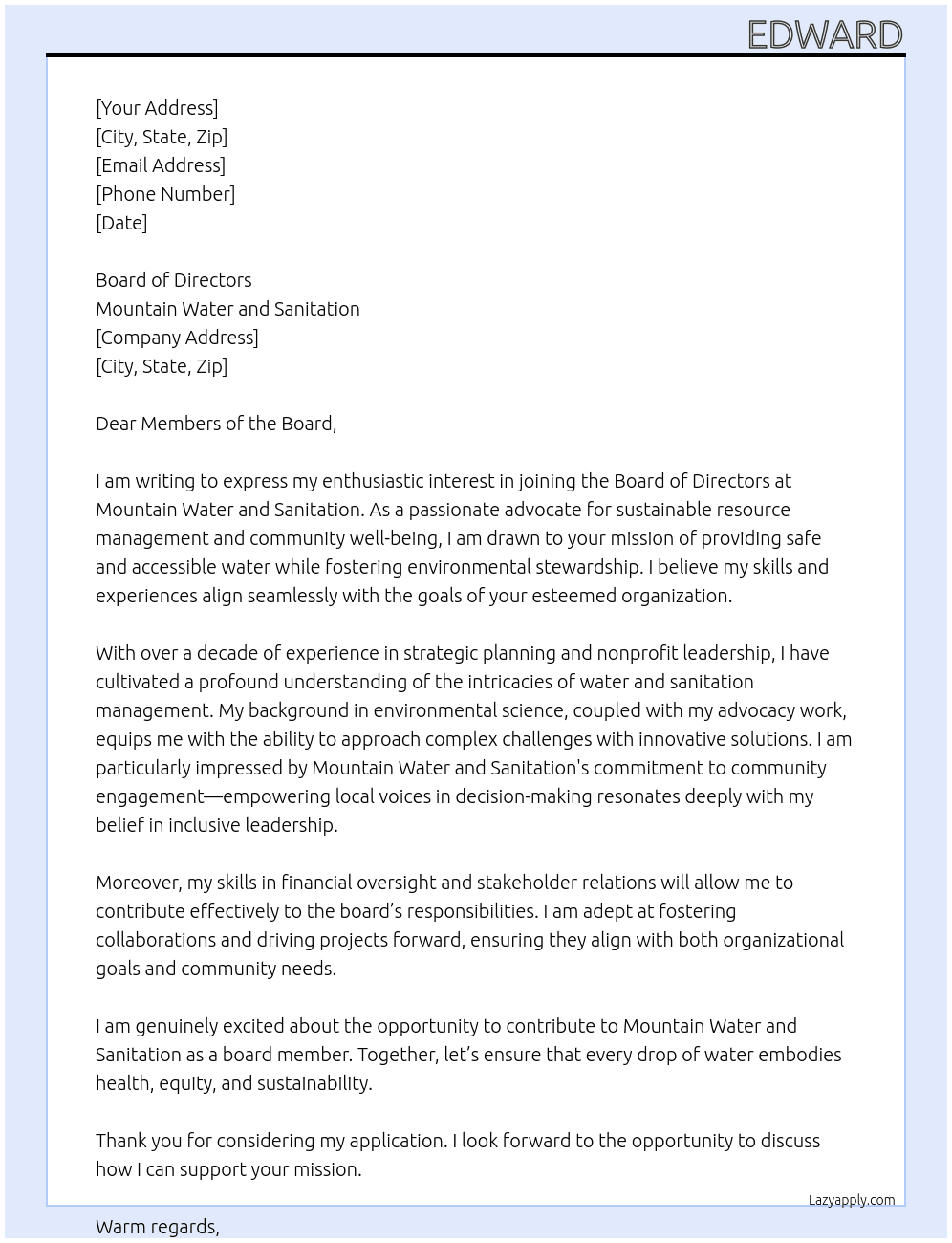 Board of Directors At Mountain Water and Sanitation Cover Letter