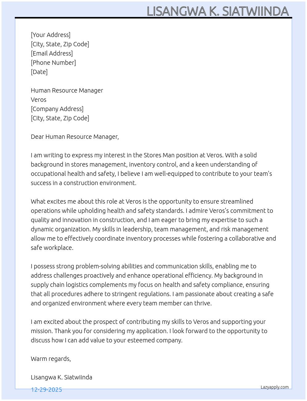 Cover letter for stores man - LazyApply