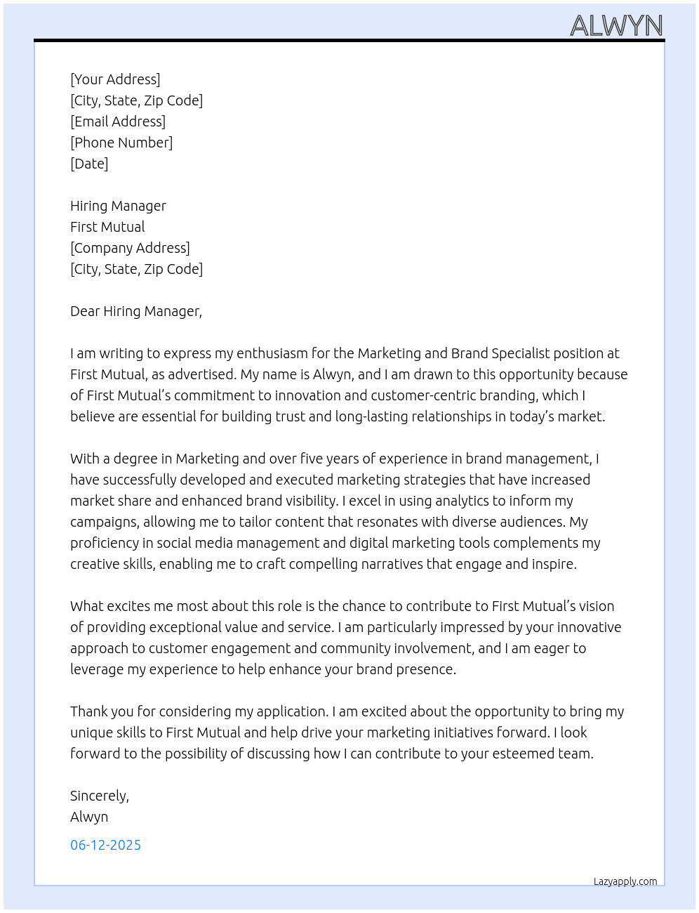 Marketing and Brand Specialist At First Mutual Cover Letter