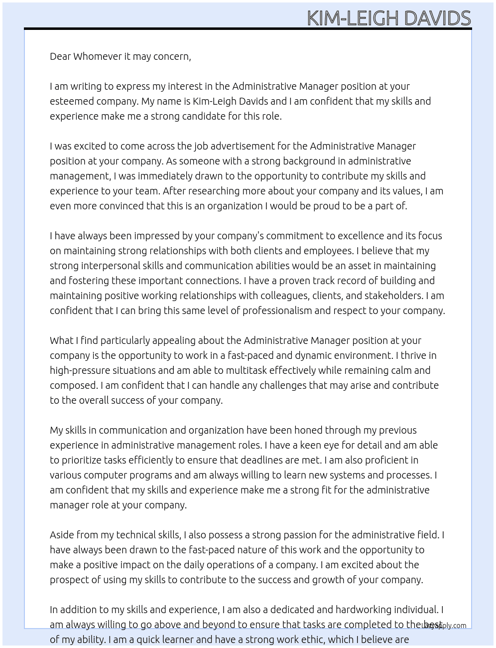 Administrative Manager At any Cover Letter