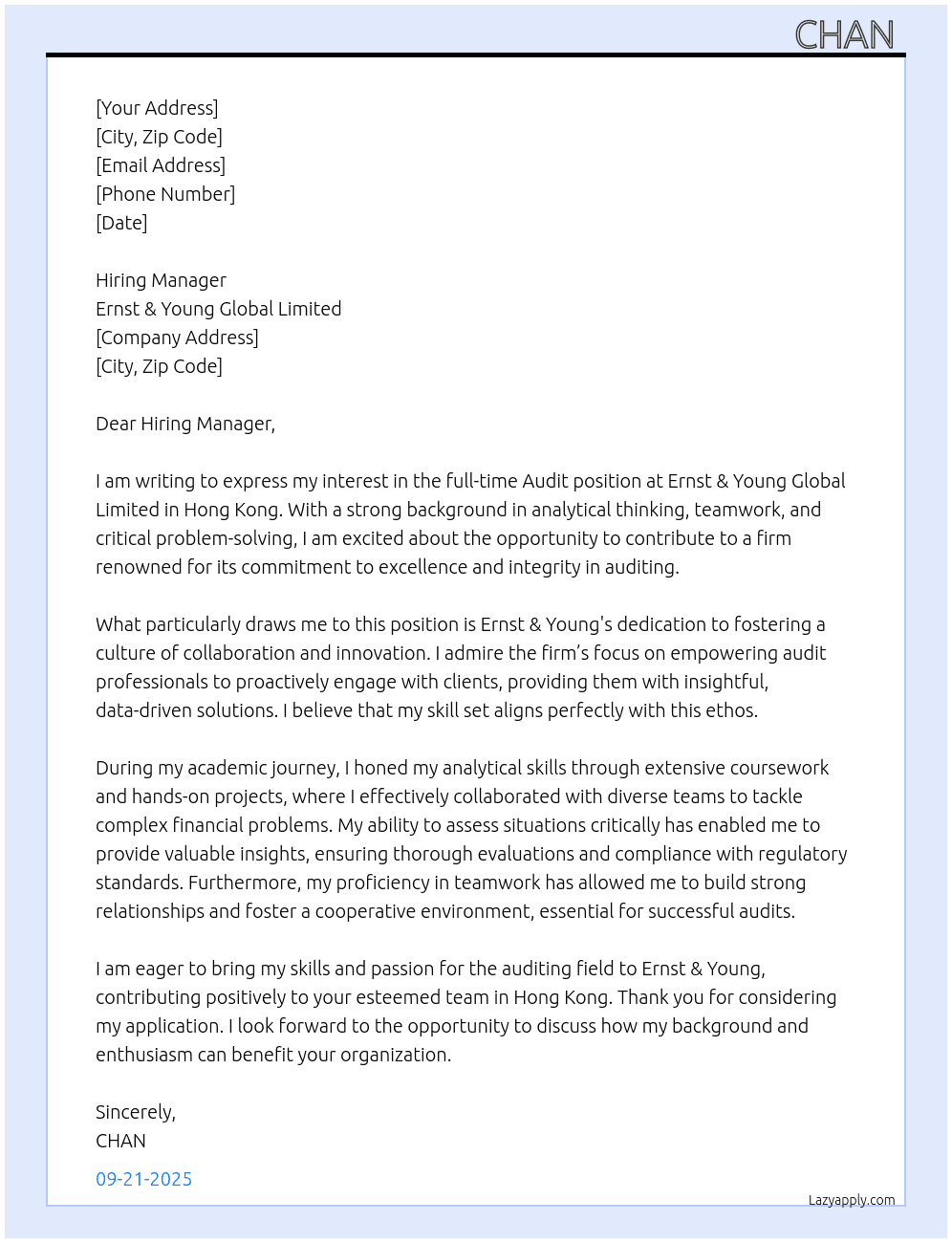 Audit At  Ernst & Young Global Limited Cover Letter