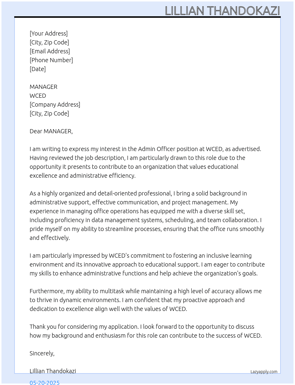 admin officer At WCED Cover Letter
