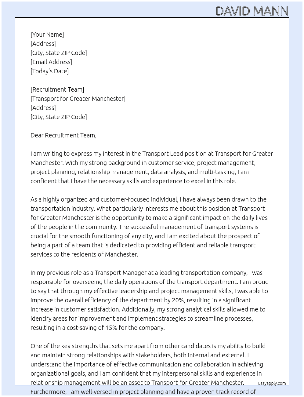 Transport Lead At Transport for Greater Manchester Cover Letter