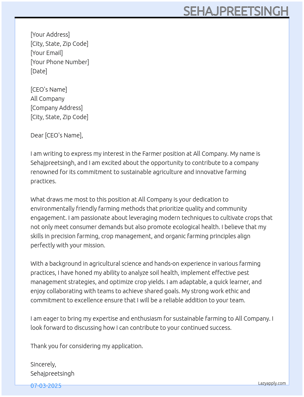 Farmer work At All company  Cover Letter