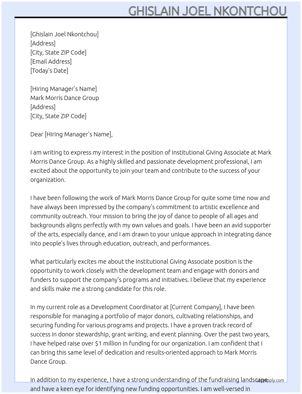 Institutional Giving Associate At Mark Morris Dance Group Cover Letter