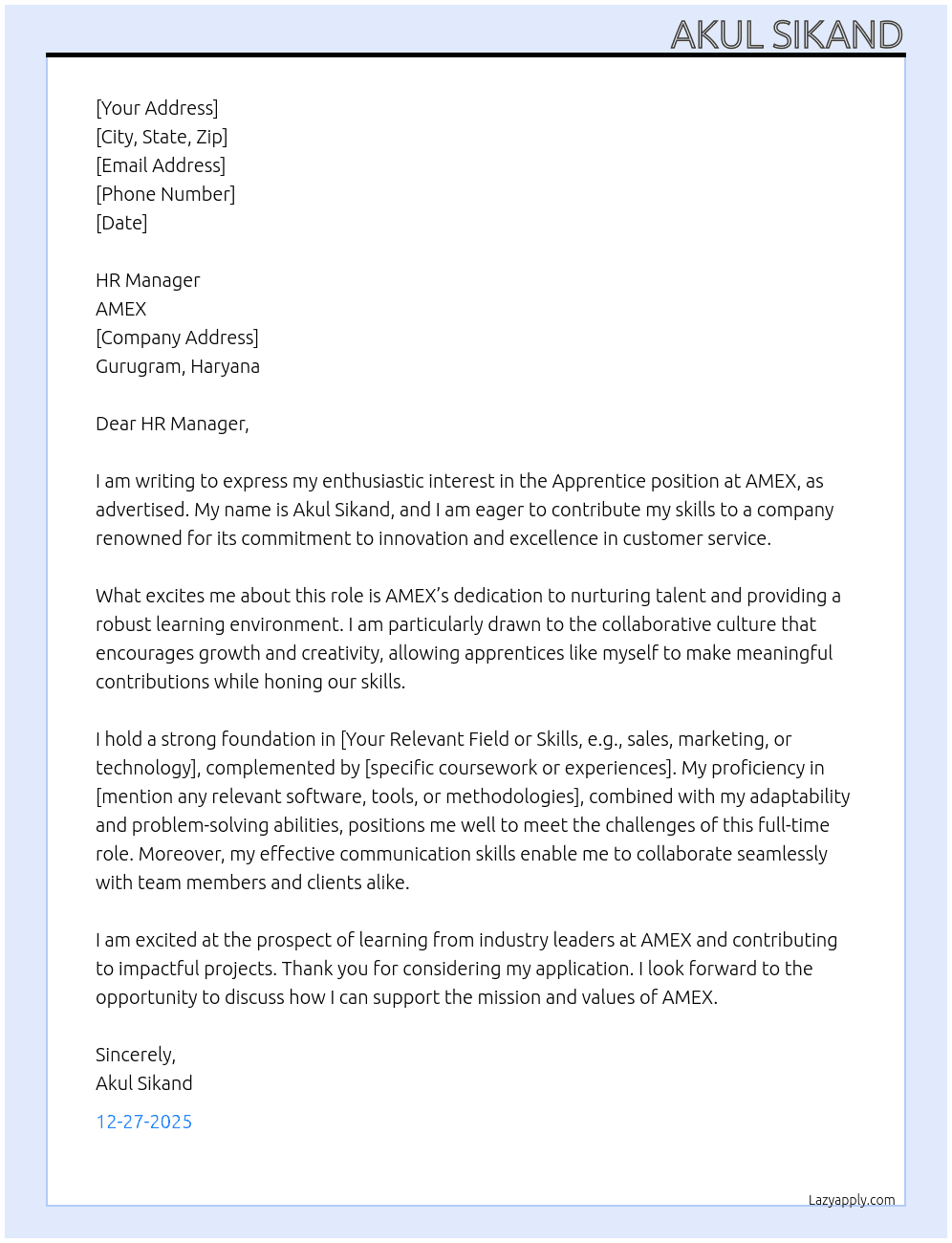 Apprentice At AMEX Cover Letter