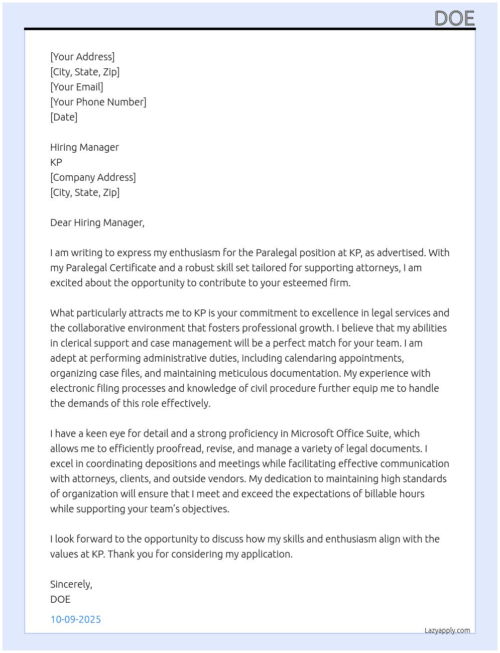 Paralegal  At KP Cover Letter