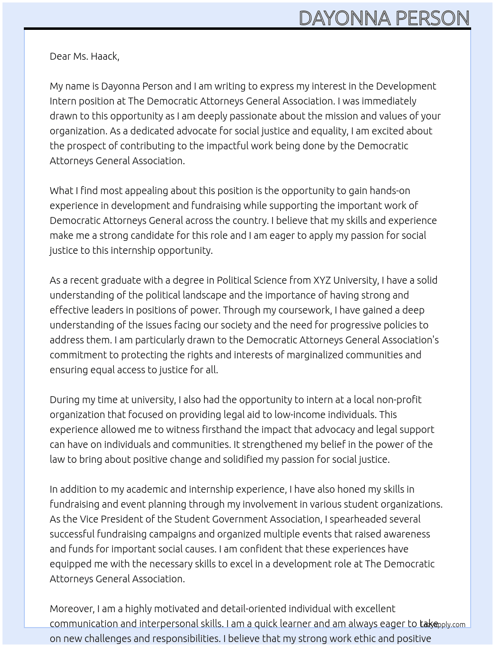 Development Intern At The Democratic Attorneys General Association Cover Letter