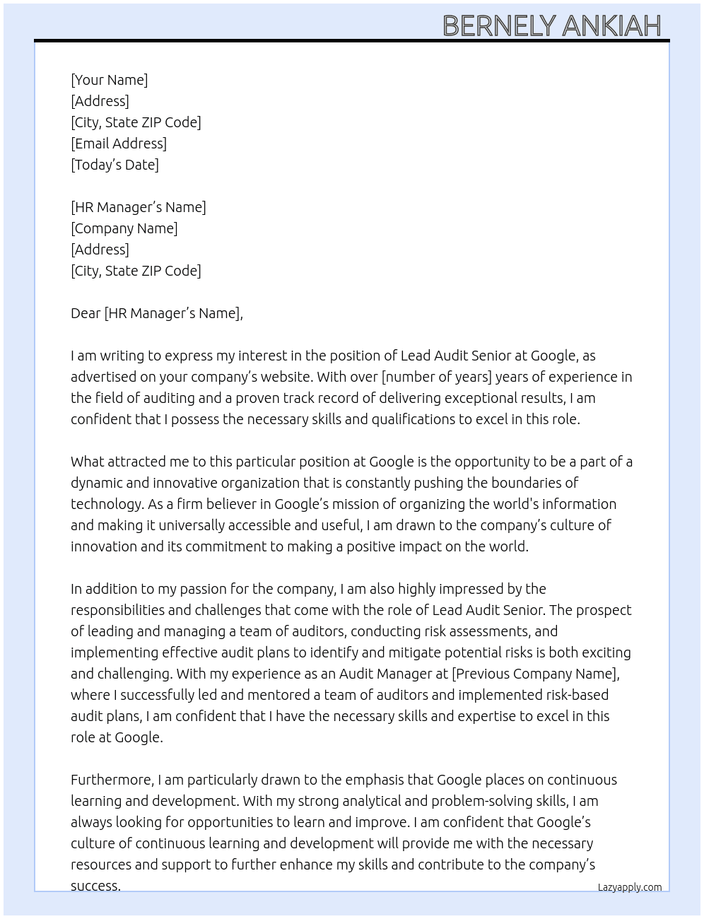 Cover letter for lead audit senior - LazyApply