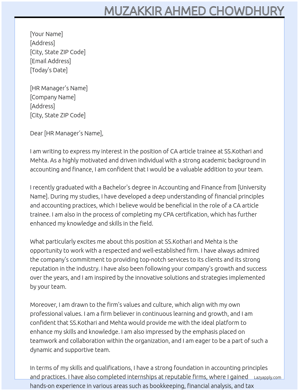 CA artical trainee  At SS.kothari and Mehta  Cover Letter