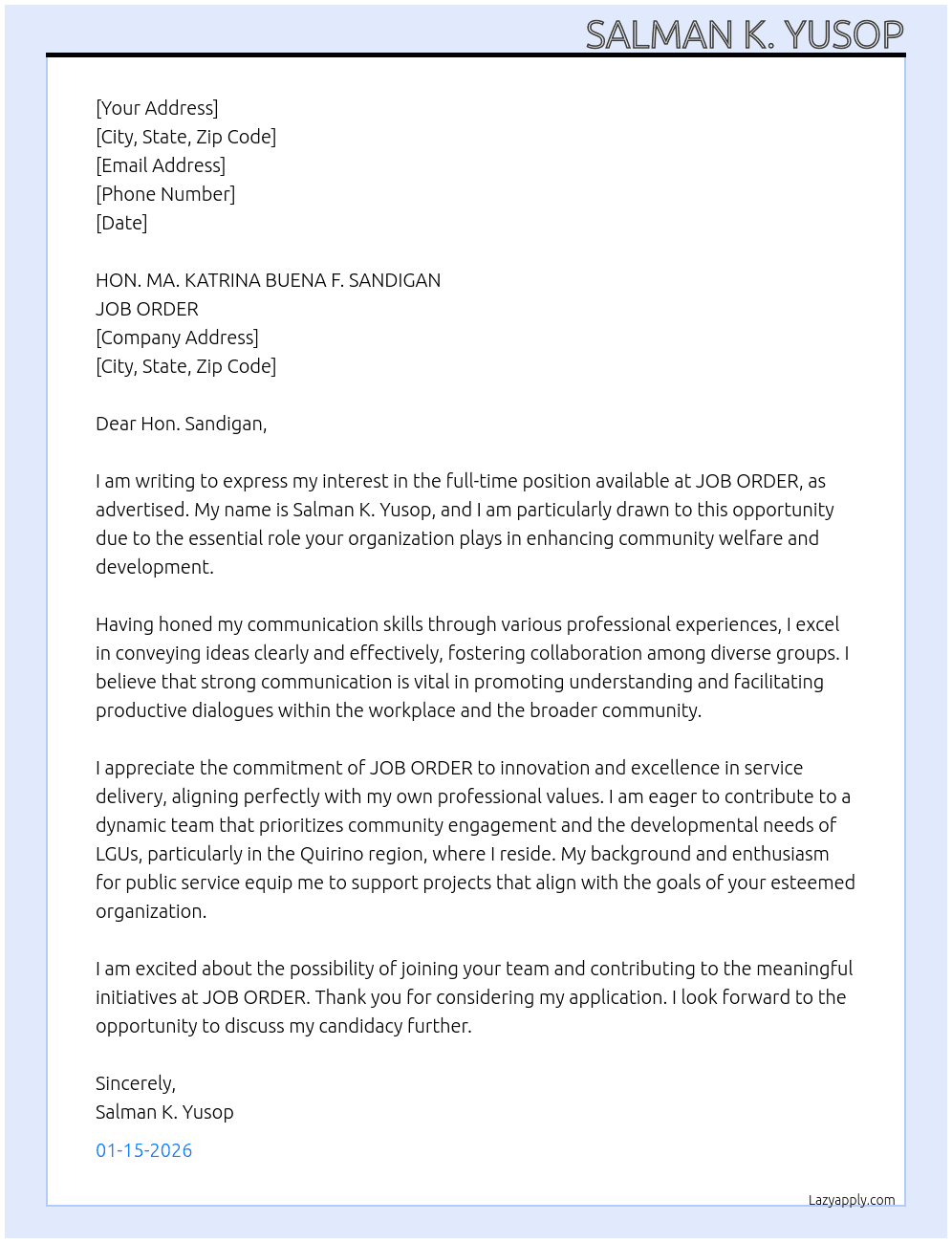 Job order At JOB ORDER  Cover Letter