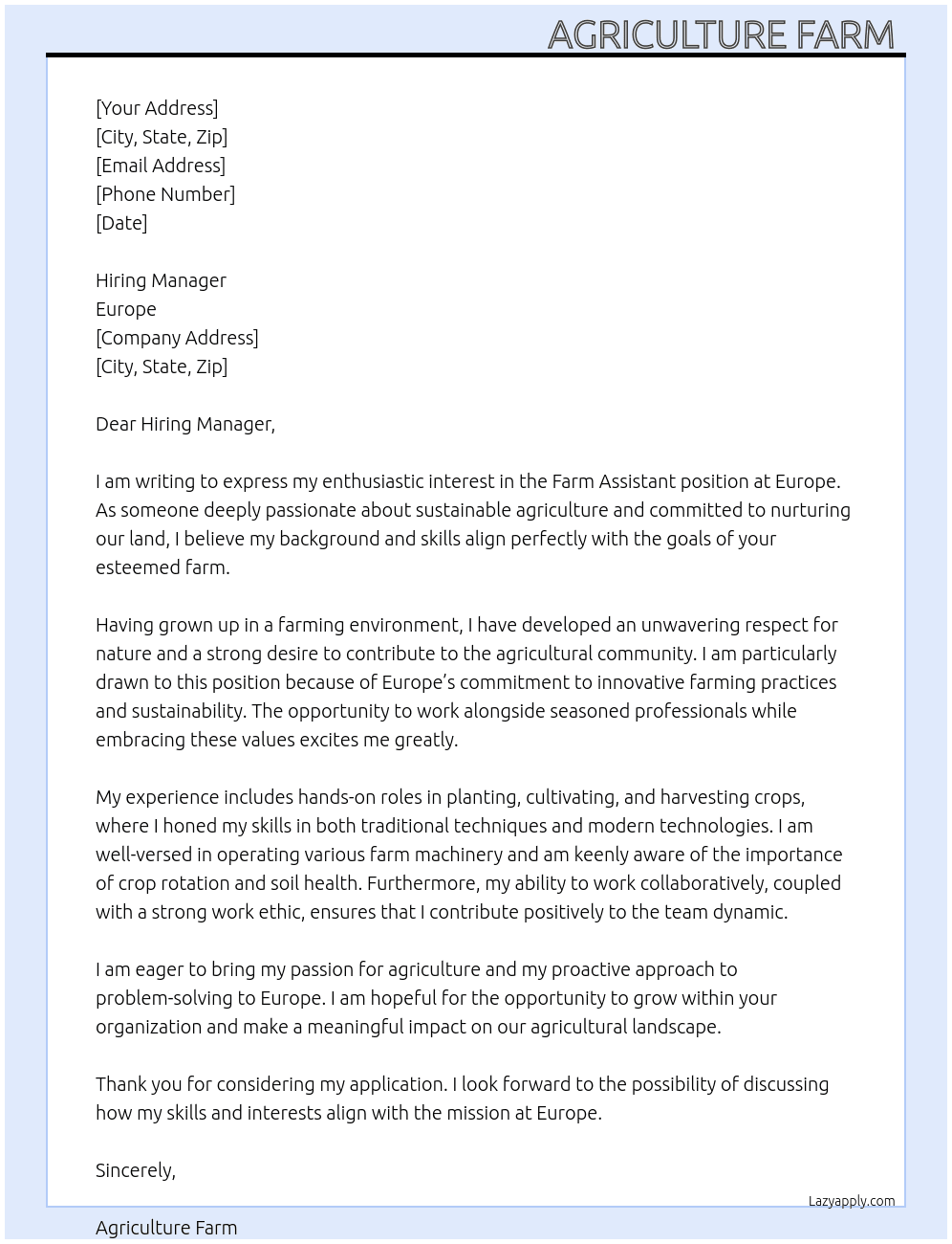 Farm Assistant  At Europe  Cover Letter