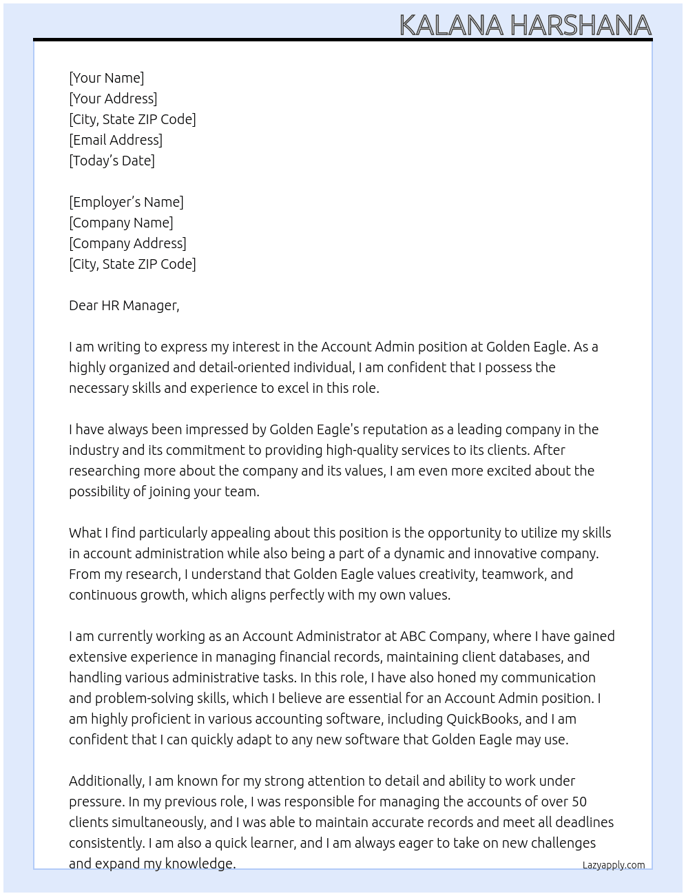 account admin At golden eagle Cover Letter