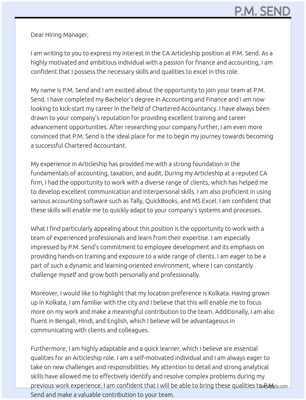 CA Article ship At P.M. Send Cover Letter