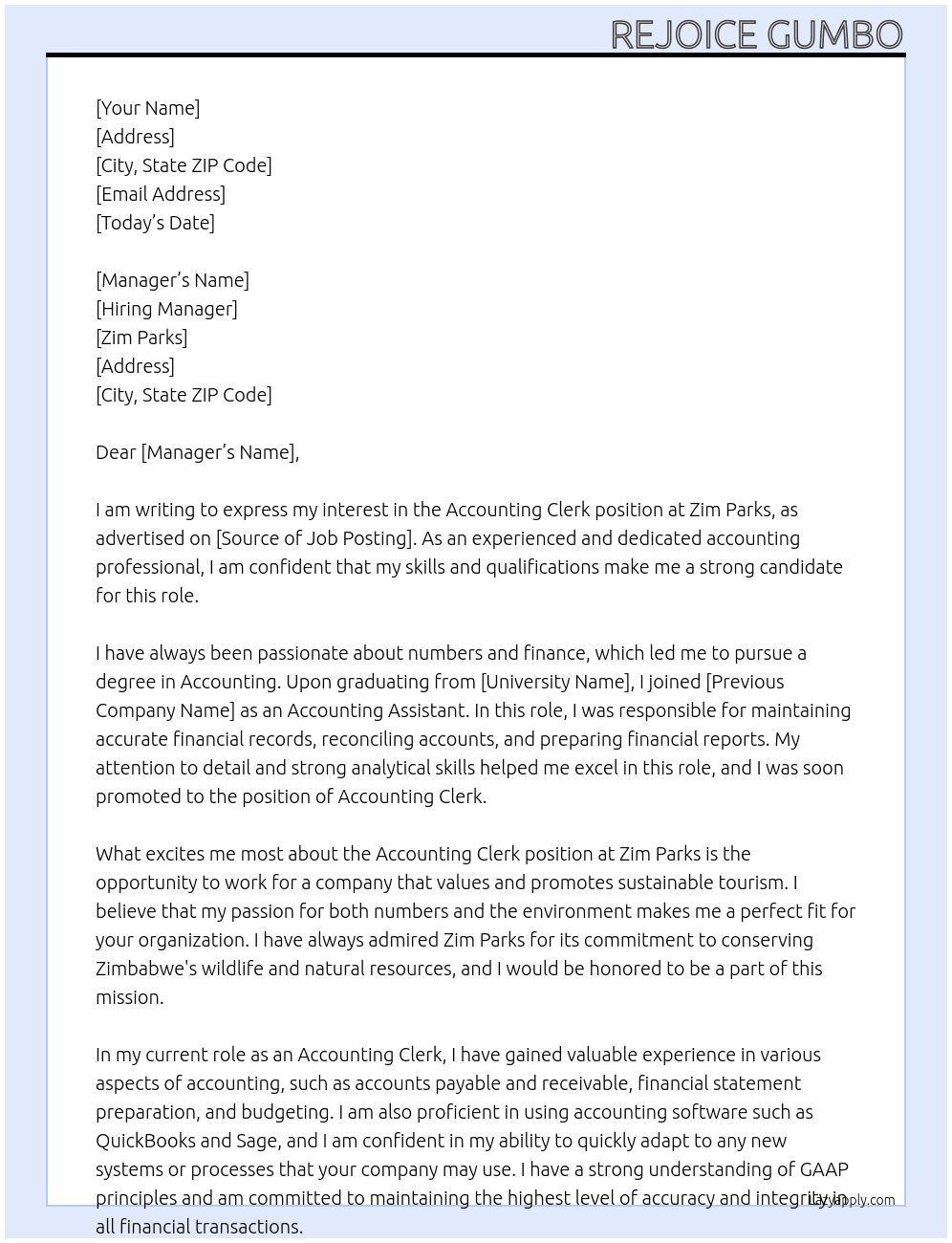 Accounting clerk At Zim Parks Cover Letter