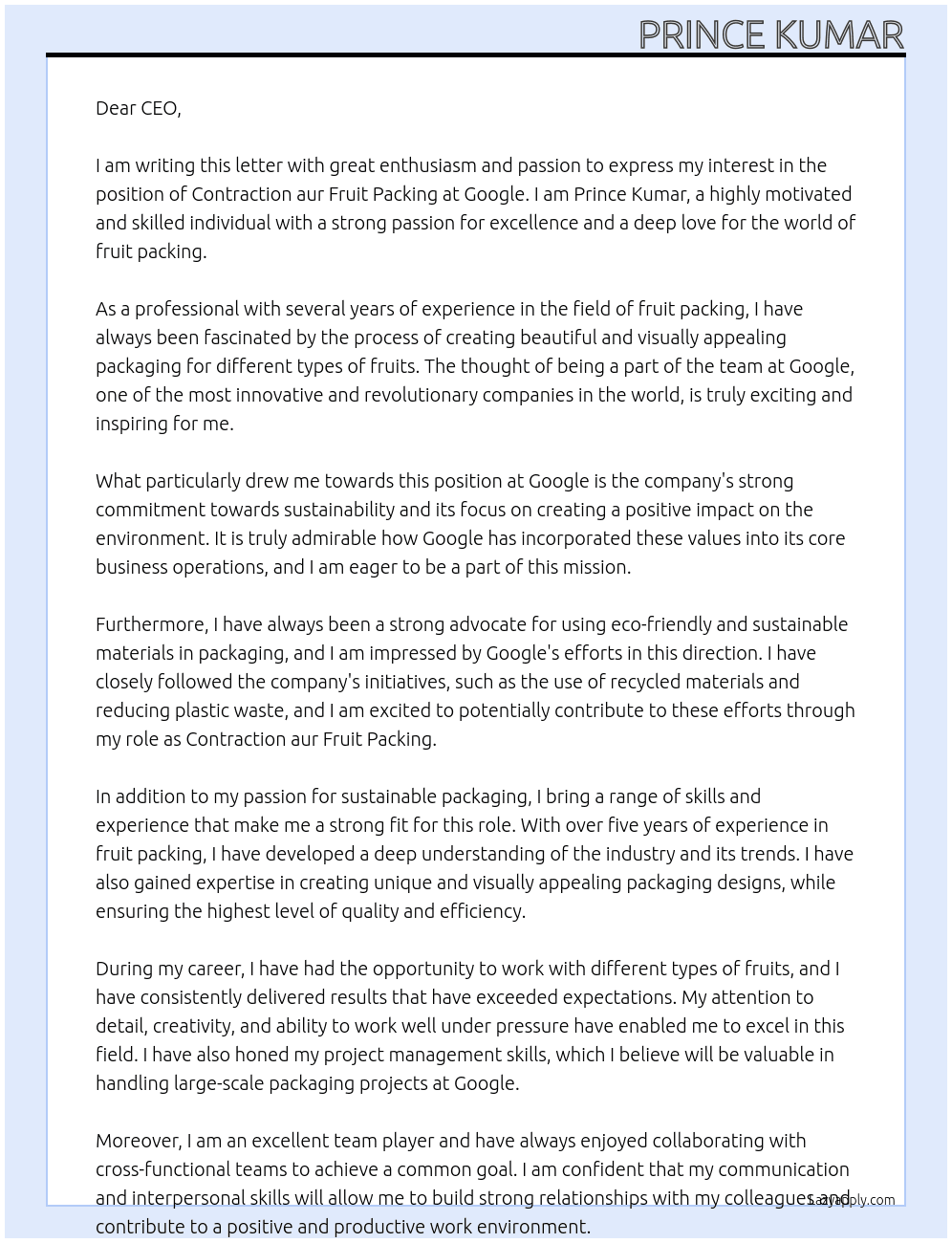 Cover letter for contraction aur fruit packing - LazyApply