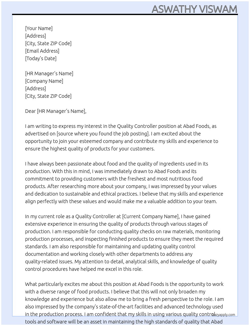 Quality Controller  At Abad Foods Cover Letter
